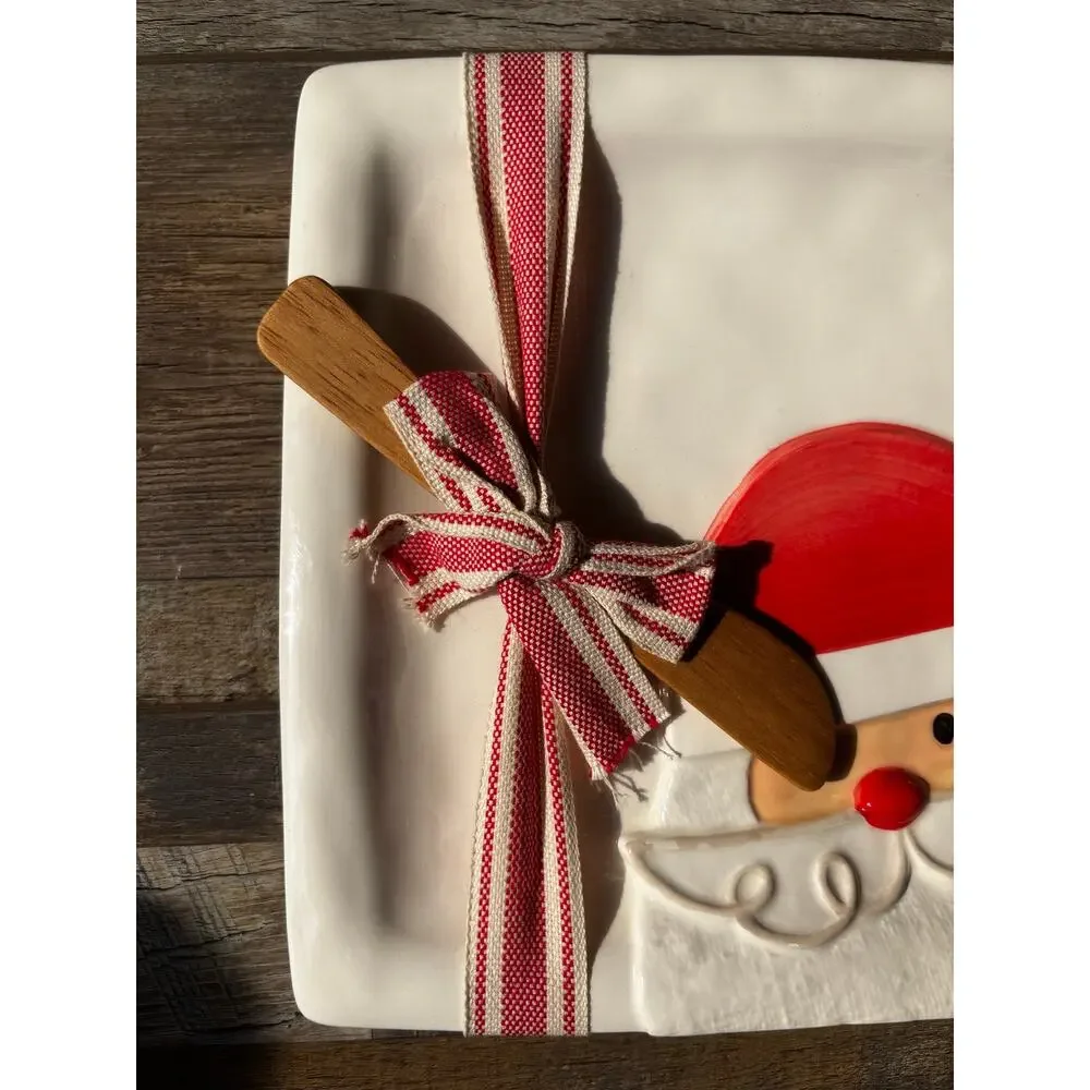 MUD PIE Santa Christmas Appetizer Plate Set Wood Spreader Holiday Cheese Tray